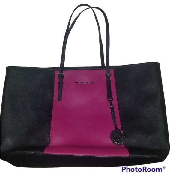 Michael Kors💗Jet Set Saffiano Leather Black and Pink Colorblock Tote Bag - Picture 5 of 6